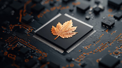 Aufkleber - Copper leaf design is elegantly embedded on black microchip, symbolizing fusion of nature and technology. circuit board background highlights intricate connections