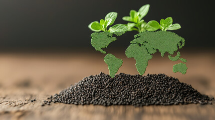 Poster - World map made of green plants emerges from pile of soil, symbolizing sustainable development and environmental growth. image conveys sense of hope and ecological responsibility