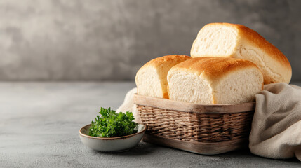 Aufkleber - Freshly baked bread loaves in wicker basket with side of parsley on rustic surface, showcasing potential of enzyme technology in baking
