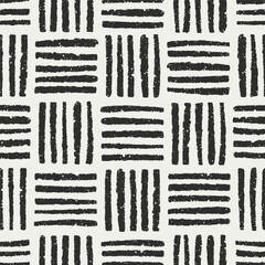 Fototapete - Abstract grid pattern, seamless texture, print with drawn black and white lines. Freehand woven brushstrokes and hatchings, background in modern style. Flat vector illustration for textile, wallpaper