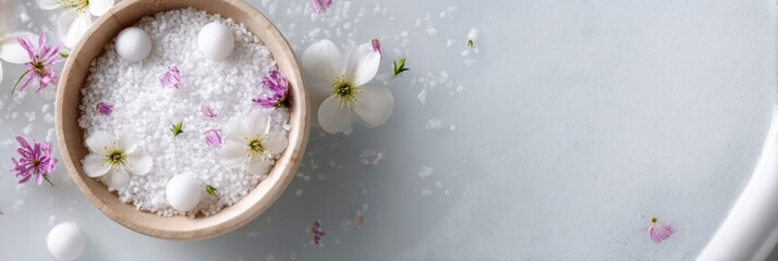 Leinwandbilder - Relaxing Bath Setup With Bath Salts, Flower Petals, and Foam for a Soothing Experience in a Serene White Bathroom