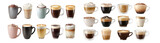set of Variety of coffee drinks in different mugs. isolated on transparent background