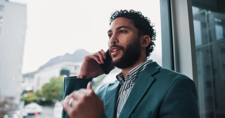 Fototapete - Businessman, conversation and window with phone call for negotiation or discussion at office. Man, employee or consultant talking with mobile smartphone for financial advice or chat at workplace
