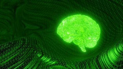 Wall Mural - glowing green human brain above abstract digital mesh background. artificial intelligence and neural