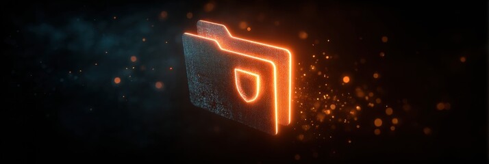 Poster - Glowing Encrypted Folder Icon With Shield Symbol in Dark Cyberspace Representing Data Security and Digital Protection