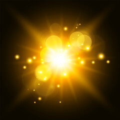 Poster - Vibrant Abstract Glowing Golden Light Burst with Lens Flares and Bokeh Effects. Vector illustration.