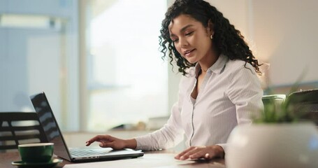 Aufkleber - Happy, employee and woman with laptop, reading or typing of information for investment or paperwork. Corporate, financial planner and person with tech for opportunity, documents and planning on web