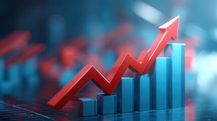 Poster - Blue 3d Business Growth Graph With Red Arrow Indicating Rising Market Profits and Financial Success in a Digital Economy