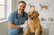 © leeeel356 - Smiling Veterinarian With Happy Golden Retriever.A cheerful veterinarian examines a golden retriever in a bright clinic.