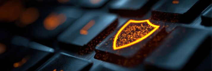 Poster - Antivirus Shield Pulsates to Combat Phishing Threats on a Keyboard in a Tech-Focused Environment During Daylight Hours