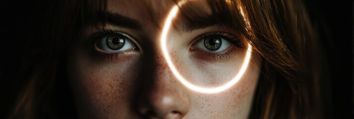 Fototapete - Glowing Ring Light Captured in the Reflection of a Persons Eye With a Clean Aesthetic Background