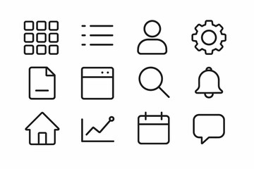 Minimalist black icon set with user, gear, and search icons