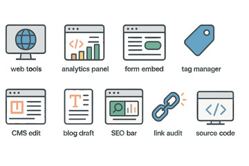 Digital tools icons: web analytics, form embed, tag manager, seo, link audit