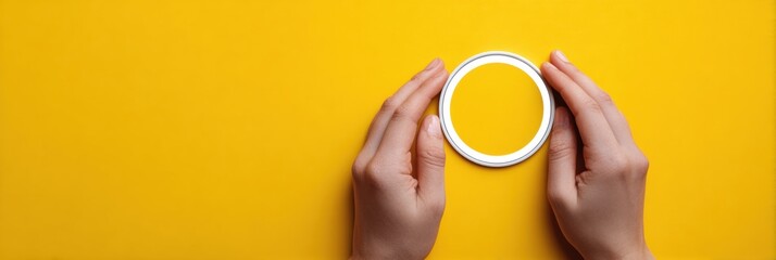 Fototapete - Hands Holding a Digital Lock Around a User Profile Icon Against a Bright Yellow Background