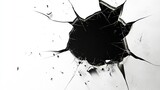 3D hole in a white, cracked wall with a black background. Shattered glass effect and flying debris on an isolated white background