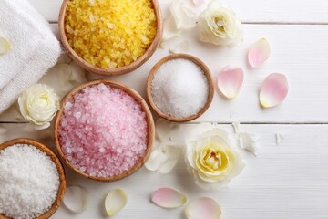 Aufkleber - Create a Relaxing Bath Experience With Colorful Salts, Delicate Petals, and Tranquil Foam in a Serene White Setting Perfect for Self-Care Moments