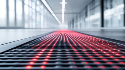 Red LED lights line a hallway floor