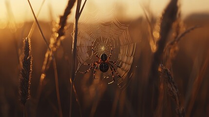 Spider on intricate web between grass stalks, backlit by warm golden hour light