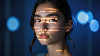 Young woman with flowing orange code projected on her face standing against a softly glowing blue background with blurred light spots giving a futuristic and contemplative mood