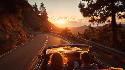 scenic road trip at sunset with car driving through forest and golden hour light