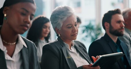 Poster - Thinking, business people and woman in seminar, tablet and corporate conference for financial audit. Group, audience and crowd in workshop, listening and solution with accounting or career convention