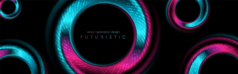 Aufkleber - Blue purple glossy smooth rings with circular dotted lines abstract tech background. Futuristic glowing vector design