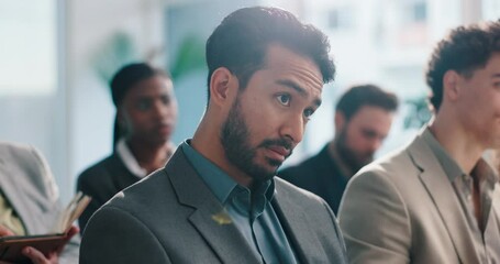 Aufkleber - Business man, listen and audience at convention with training, presentation and review at company. People, employees and talk in crowd at event with attention, notes or info at corporate conference