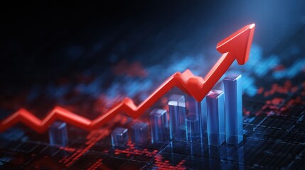 Aufkleber - Growth Business Graph Showing Financial Success With Upward Trend Indicated by Red Arrow Against Dark Background of Economic Data