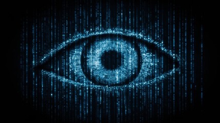 Aufkleber - Abstract Digital Eye Symbol Glowing Against a Blue Matrix Background With Open Space on the Right for Creative Additions