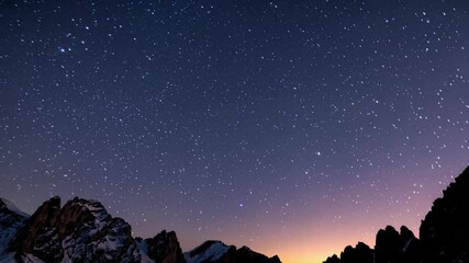 Wall Mural - Vibrant night sky displaying mesmerizing color gradients sweeping across snow covered Dolomite mountain peaks during tranquil winter evening