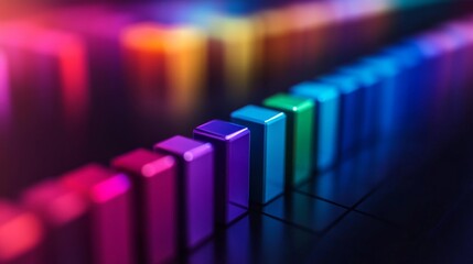 Poster - Aerial view of a D bar chart with glossy finishes in vibrant colors, arranged in ascending order, creating a striking visual effect against a dark backdrop.