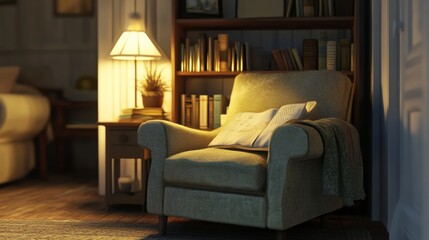 Aufkleber - An inviting corner of a living room with a reading nook, featuring a comfortable armchair, a small bookshelf, and soft lighting for a cozy atmosphere.