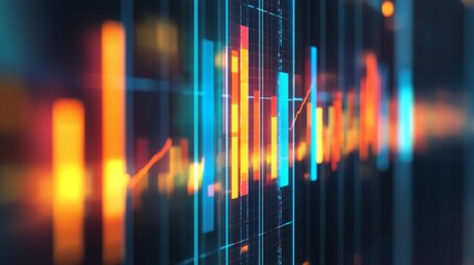 Fototapete - A close-up of a glowing D bar chart on a transparent screen, with financial statistics and analytics in the background