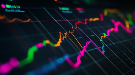 Aufkleber - A detailed close-up of a colorful financial graph with upward trends and vibrant lines on a digital display, set against a sleek black background.