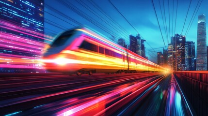 Poster - A dramatic sunset view of an electric train crossing a long viaduct, with vibrant colors reflecting off the trains surface, creating a stunning visual contrast.