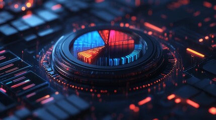 Aufkleber - A dynamic D pie chart rotating on a digital interface, showcasing real-time data analysis with colorful segments, against a futuristic technology-inspired background.