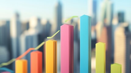 Poster - A dynamic business bar graph illustrating company growth, featuring vibrant bars with upward trends, set against a blurred cityscape background for a corporate vibe.