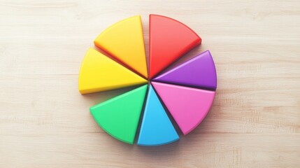 Poster - A flat lay of a colorful D pie chart on a light wooden table, illustrating the breakdown of financial data with labels on each segment for easy interpretation.