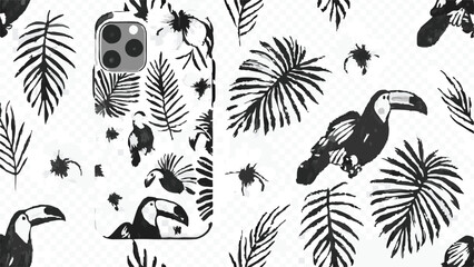  Black and white toucan and tropical leaf pattern on a phone case and background design element image