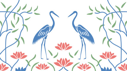  Two blue herons facing each other amidst lotus flowers and stylized vines on a white background