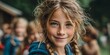 © horizon - Heartwarming close-up of a joyful girl with a bright smile looking at the camera during a sunny summer camp. Other happy children are softly blurred in the background, creating a sense of friendship