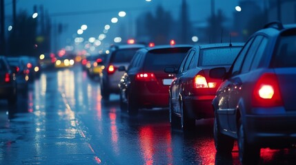Aufkleber - A long line of vehicles stuck in a traffic jam on a rainy evening, with headlights reflecting on wet roads