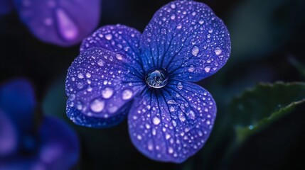 Poster - A macro perspective of a violet flower with dew-covered petals, showcasing the intricate textures and colors enhanced by the sparkling droplets of water.