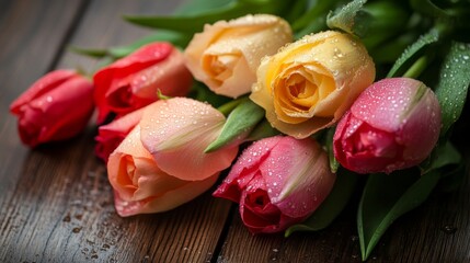 Poster - A romantic bouquet of roses and tulips with water droplets, placed on a wooden table
