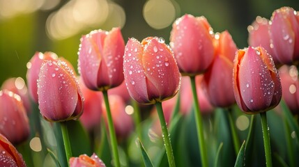 Poster - A tulip garden after rain, each bloom adorned with delicate water droplets
