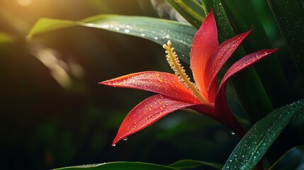 Poster - A vibrant close-up of a tropical flower with beads of water glistening on its petals, emphasizing its exotic beauty and the lush environment from which it grows.
