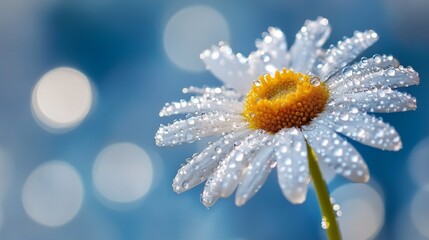 Poster - A vibrant daisy covered in morning dew, with tiny water beads reflecting the blue sky