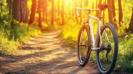 Poster - Bicycle on a scenic forest trail with sunlight filtering through the trees, capturing a peaceful outdoor cycling vibe in nature.