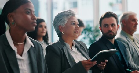 Aufkleber - Mature business woman, raised hand and audience with question, tablet or feedback at conference. Employee, people and discussion for insight, application or touchscreen at finance convention at event