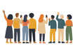 © icon_art - Group of diverse people facing forward waving hands and holding phones in a cartoon vector illustration icon isolated on white
